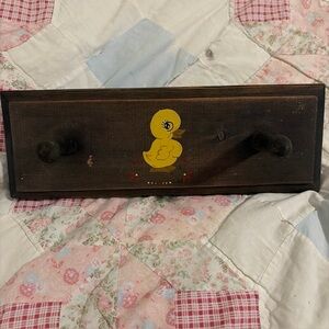 Vintage Nursery Hand Painted Wooden Wall Peg Rack Yellow Duck Duckling 4x12”